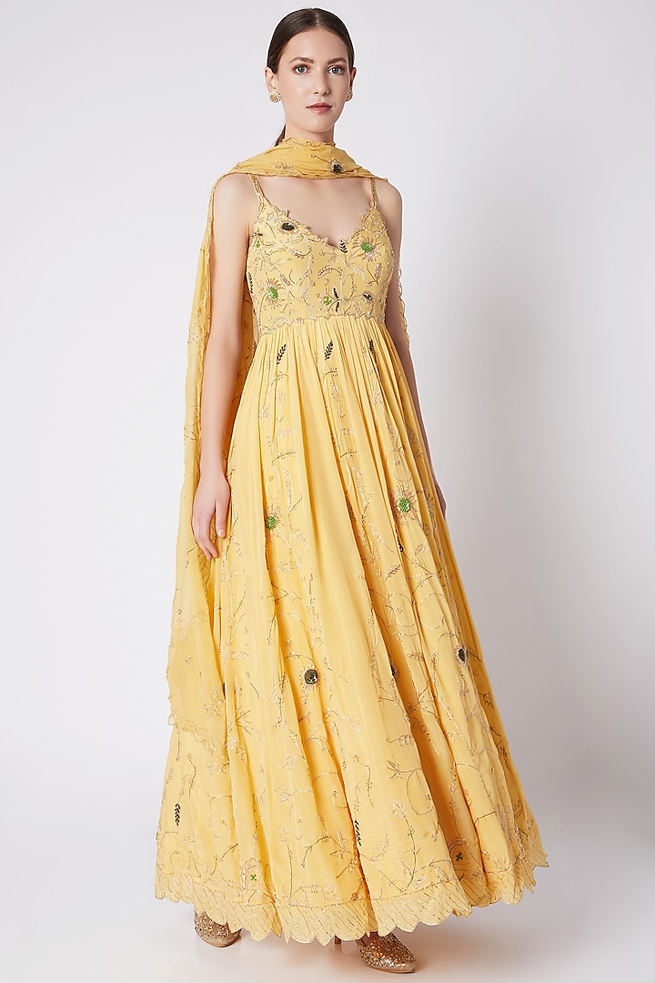 Lemon Yellow Crepe Embroidered Anarkali With Dupatta For Girls by Pleats by Kaksha - Kids