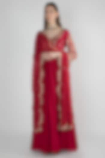 Scarlet Red Embroidered Anarkali With Dupatta For Girls by Pleats by Kaksha - Kids at Pernia's Pop Up Shop