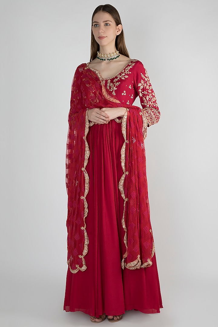 Scarlet Red Embroidered Anarkali With Dupatta For Girls by Pleats by Kaksha - Kids at Pernia's Pop Up Shop