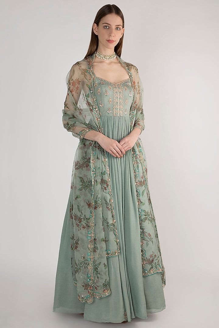 Blue Crepe Anarkali With Floral Printed Dupatta For Girls by Pleats by Kaksha - Kids at Pernia's Pop Up Shop