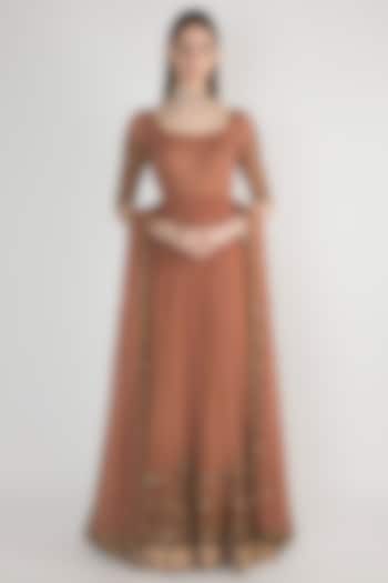 Brown Silk Embellished Anarkali With Dupatta For Girls by Pleats by Kaksha - Kids at Pernia's Pop Up Shop