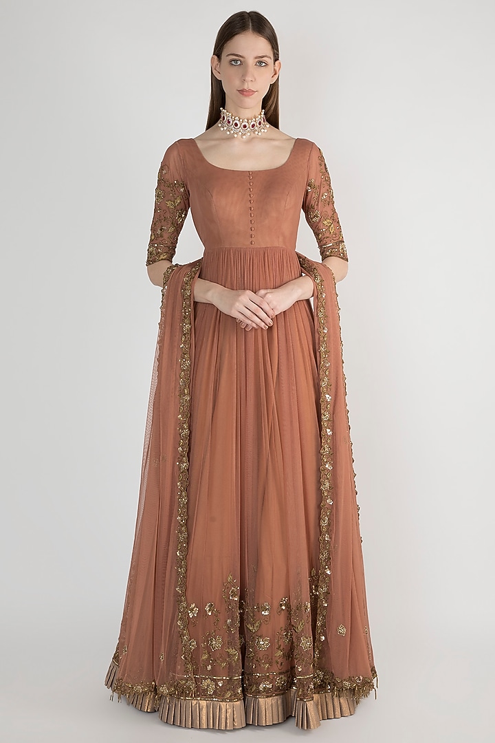 Brown Silk Embellished Anarkali With Dupatta For Girls by Pleats by Kaksha - Kids at Pernia's Pop Up Shop