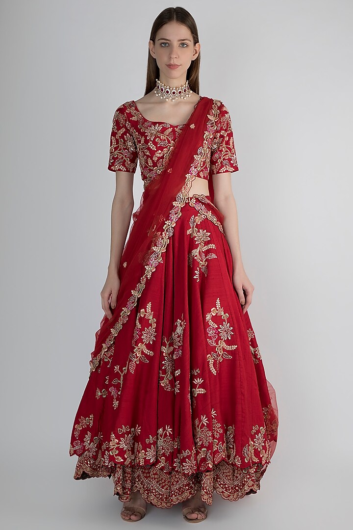 Red Raw Silk Embroidered Lehenga Set For Girls by Pleats by Kaksha - Kids