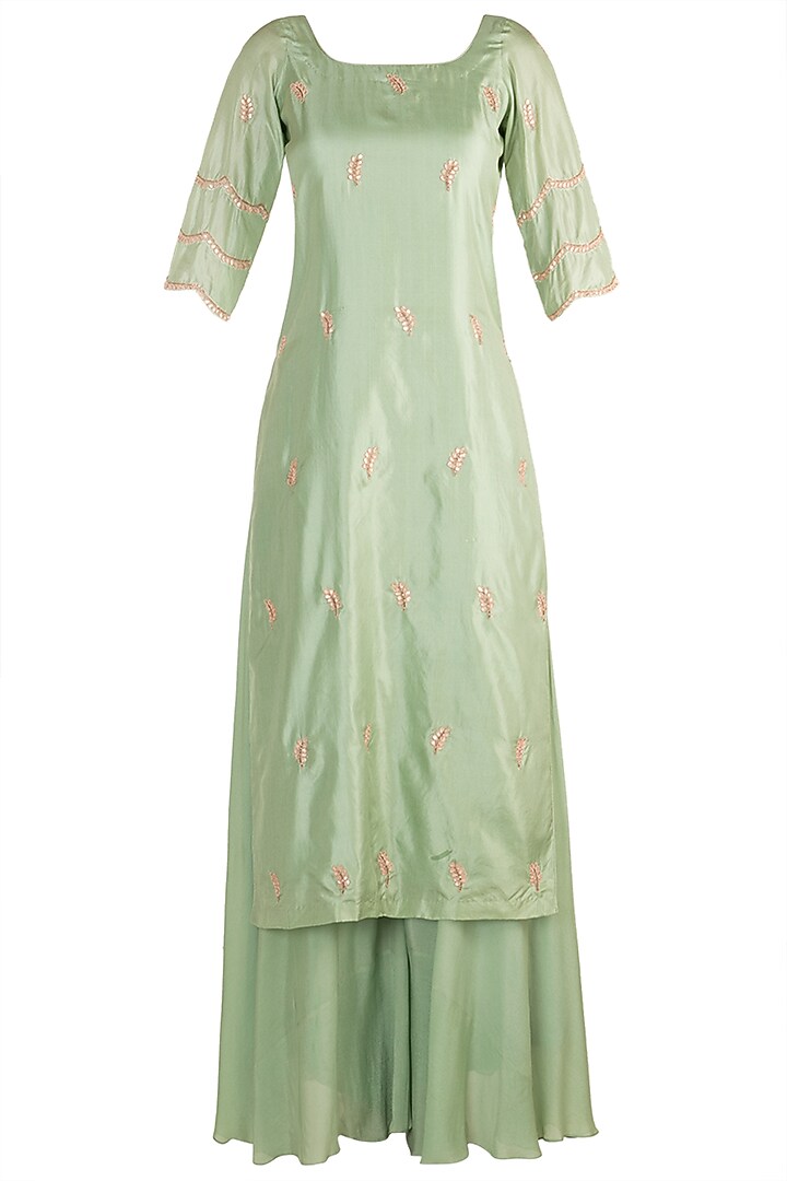 Mint Green Silk Embellished Tunic Set For Girls by Pleats by Kaksha - Kids at Pernia's Pop Up Shop