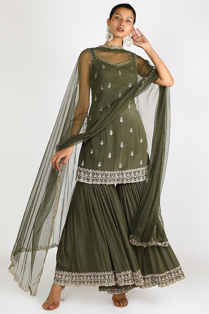Olive Green Embroidered Sharara Set For Girls by Pleats by Kaksha - Kids