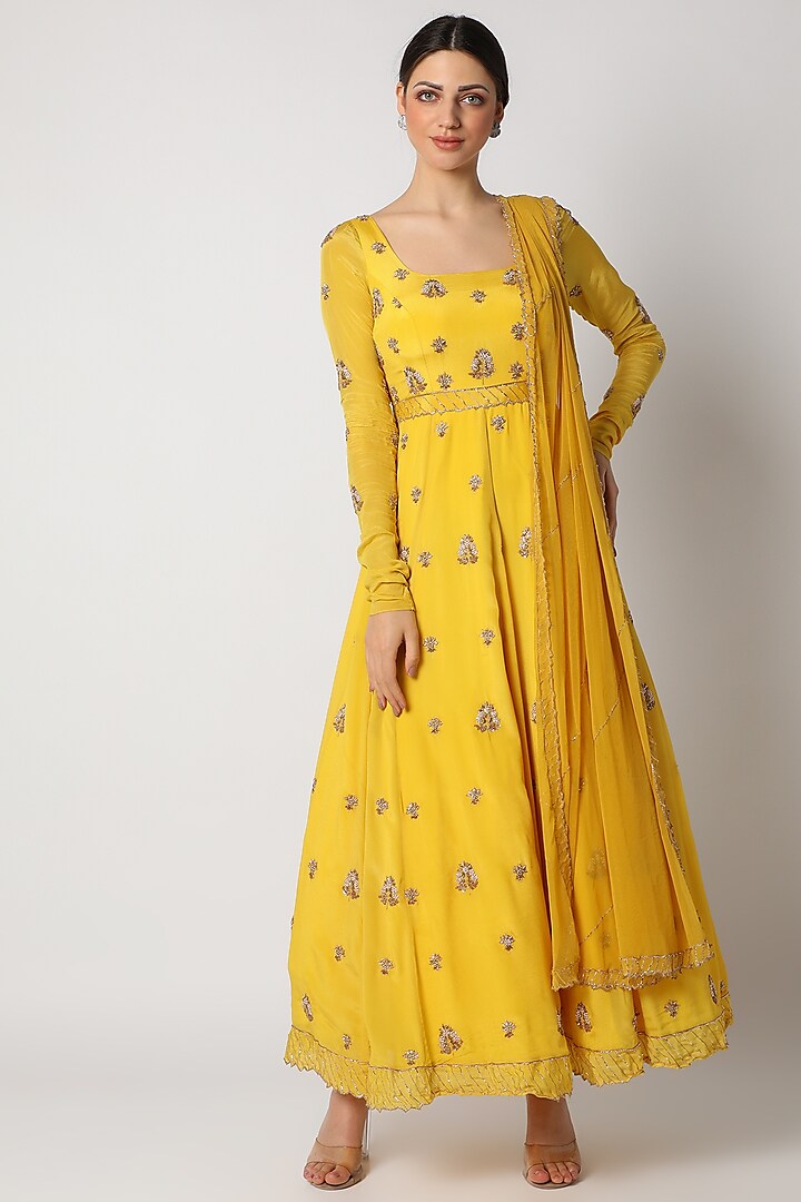 Yellow Embroidered Anarkali Set For Girls by Pleats by Kaksha - Kids
