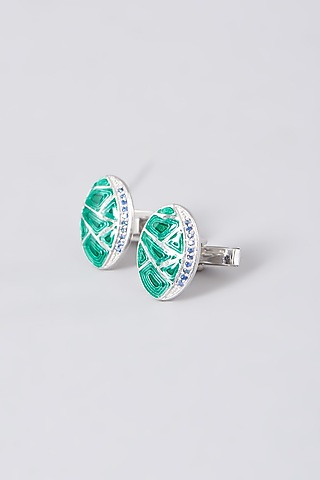 Green Enameled Cufflinks In Sterling Silver (Set of 2) by Plume Men