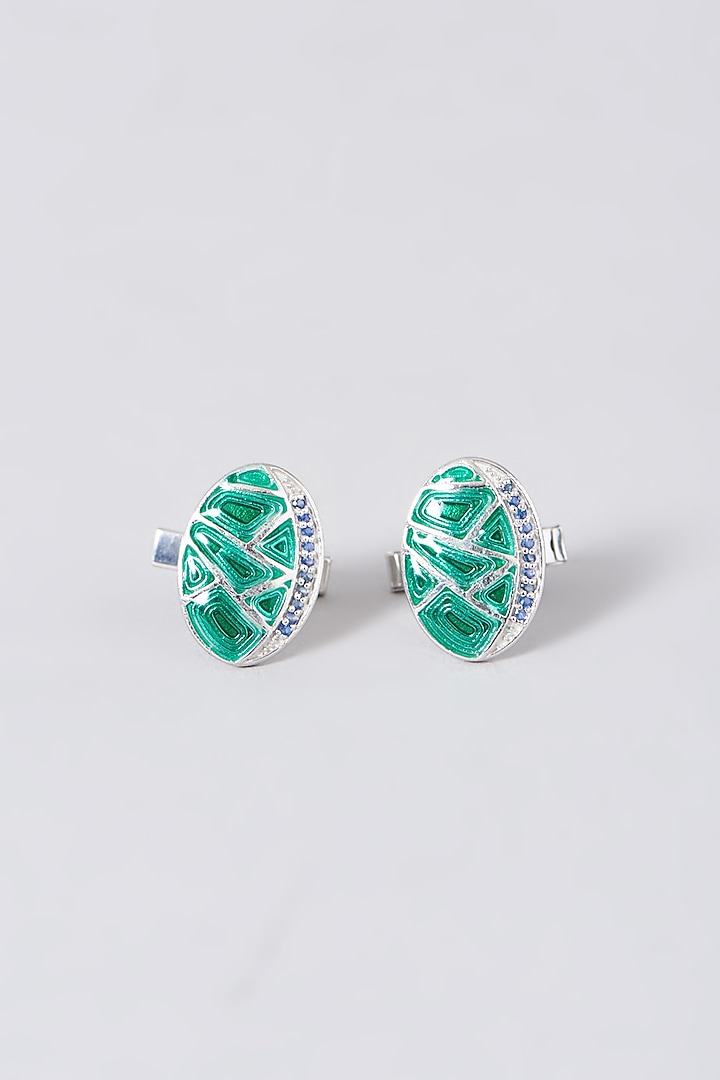 Green Enameled Cufflinks In Sterling Silver (Set of 2) by Plume Men at Pernia's Pop Up Shop