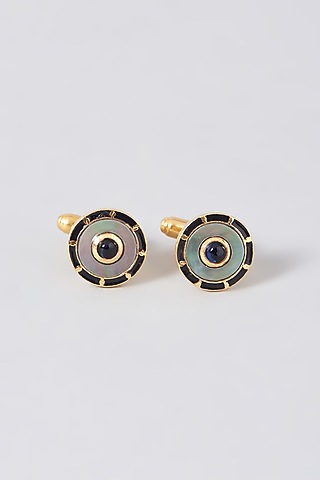 Gold Enameled Cufflinks In Sterling Silver (Set of 2) by Plume Men