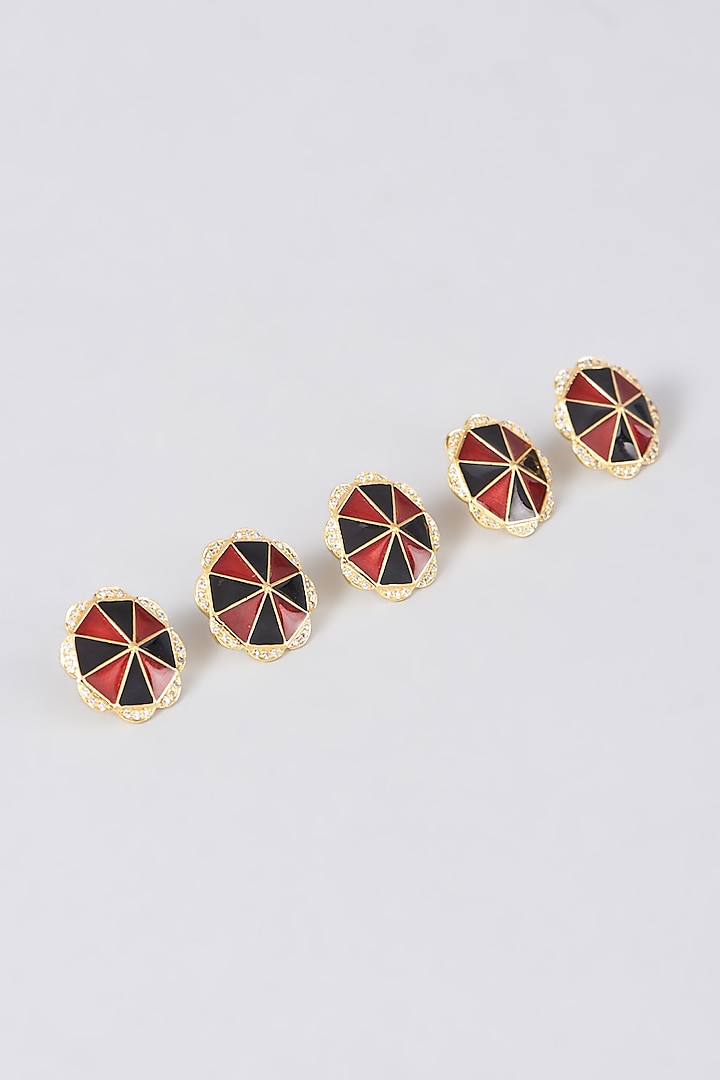 Gold Finish Red & Black Enameled Cubic Zirconia Sherwani Buttons In 92.5 Sterling Silver (Set of 5) by Plume Men