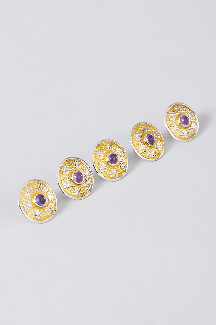 Two-Tone Finish Purple Hydro Stone Sherwani Buttons In 92.5 Sterling Silver (Set of 5) by Plume Men