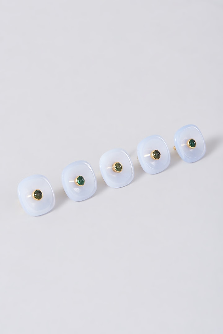 Gold Finish Green Hydro Stone Sherwani Buttons Set In 92.5 Sterling Silver (Set of 5) by Plume Men at Pernia's Pop Up Shop