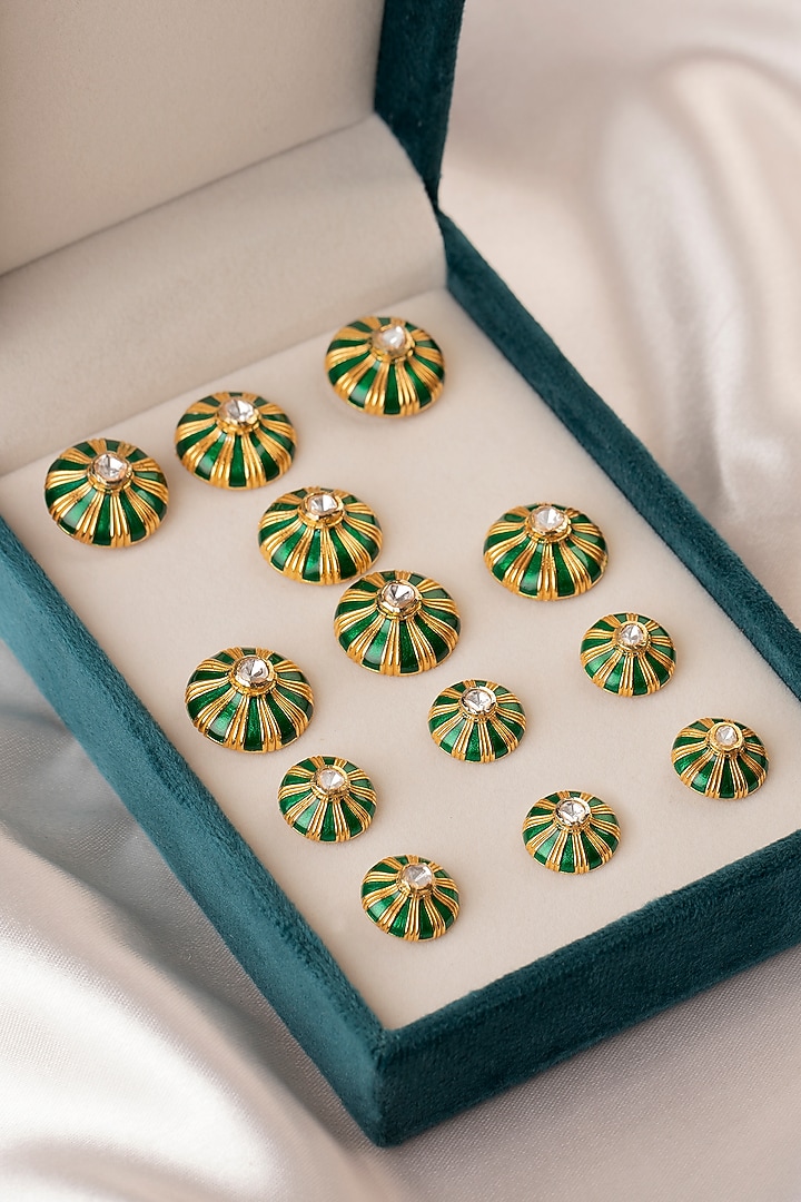 Green Sherwani Buttons With CZ Polki In Sterling Silver (Set of 13) by Plume Men at Pernia's Pop Up Shop