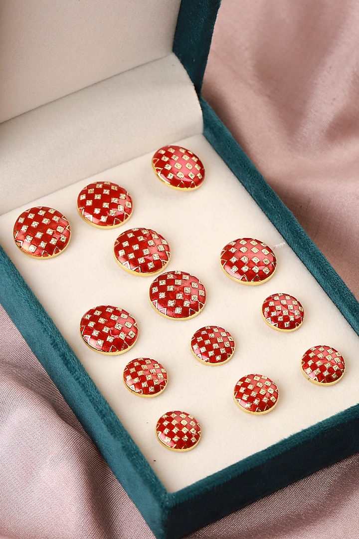 Red Enameled Sherwani Buttons With CZ In Sterling Silver (Set of 13) by Plume Men at Pernia's Pop Up Shop