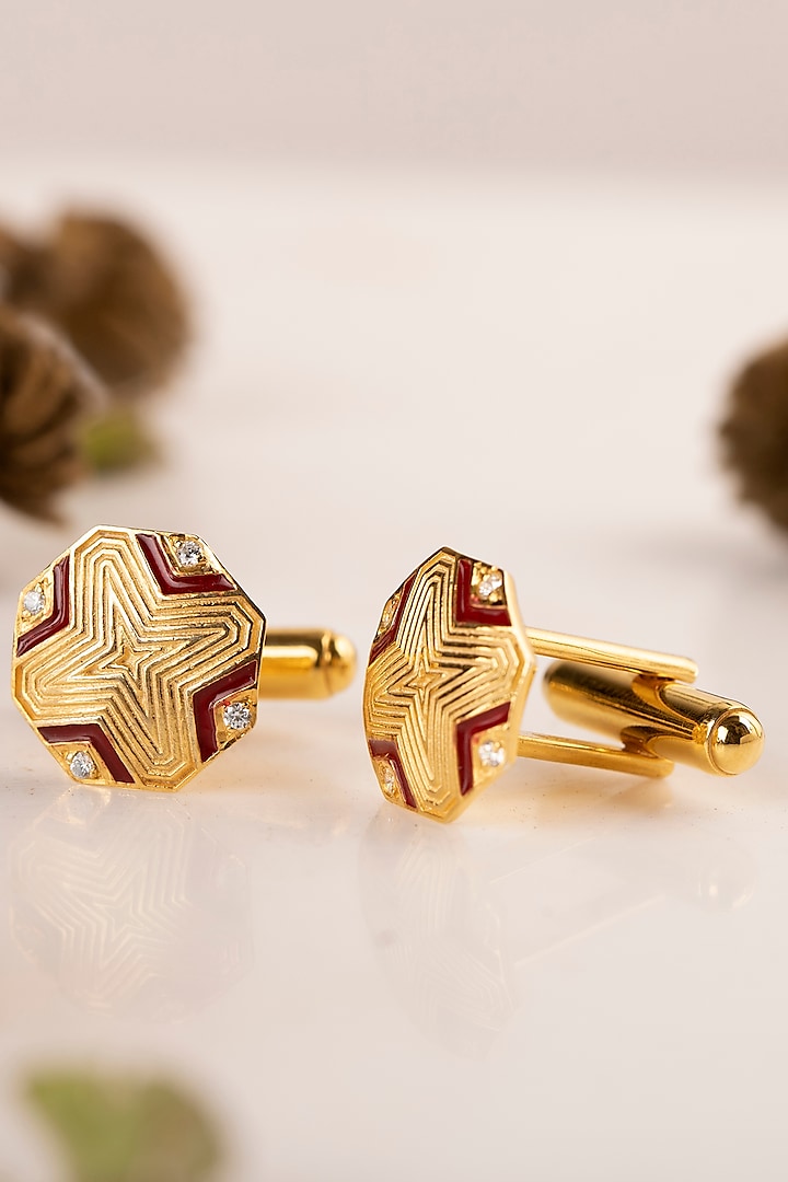 Gold Plated Enameled Cufflinks With CZ In Sterling Silver by Plume Men at Pernia's Pop Up Shop