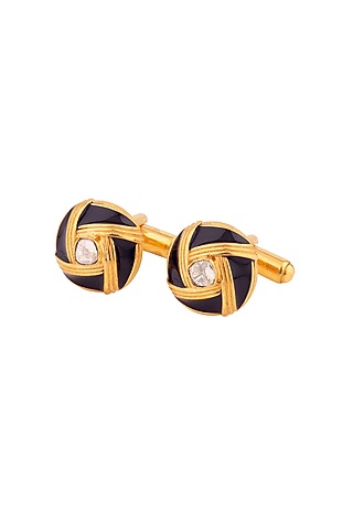 Black Enameled Cufflinks With Polki In Sterling Silver by Plume Men