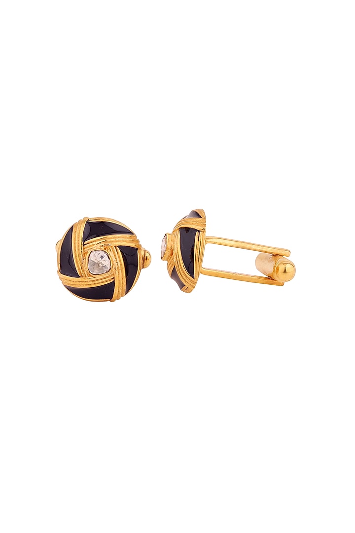 Black Enameled Cufflinks With Polki In Sterling Silver by Plume Men at Pernia's Pop Up Shop