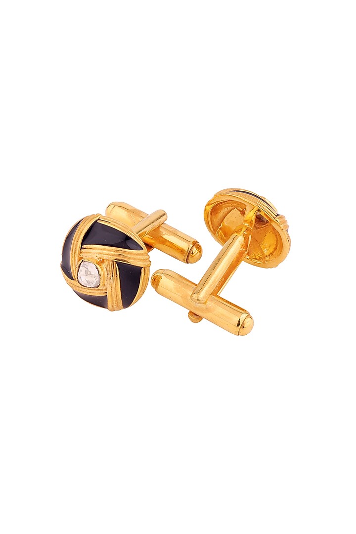 Black Enameled Cufflinks With Polki In Sterling Silver by Plume Men at Pernia's Pop Up Shop