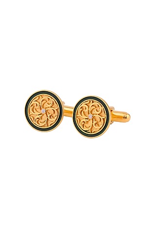 Yellow Enameled Cufflinks With CZ In Sterling Silver by Plume Men