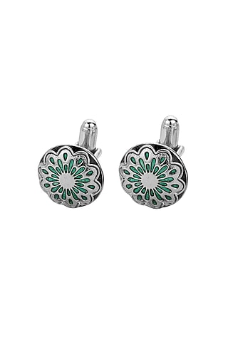 White Plated Green Cufflinks In Sterling Silver (Set of 6) by Plume Men