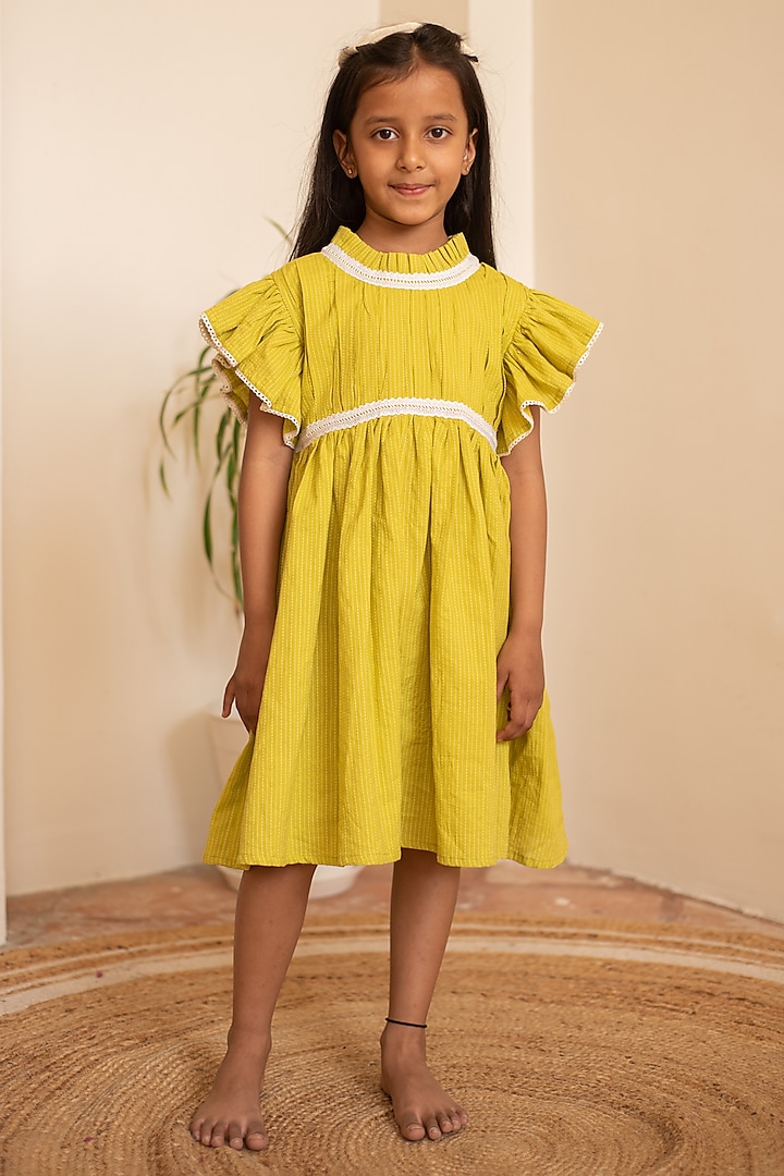 Green Cotton Lace Dress For Girls by PLUMCHEEKS