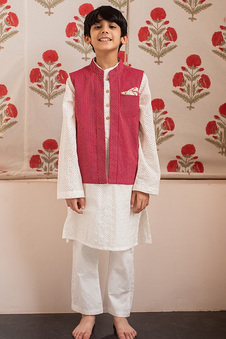 Maroon Cotton Nehru Jacket Set For Boys by PLUMCHEEKS