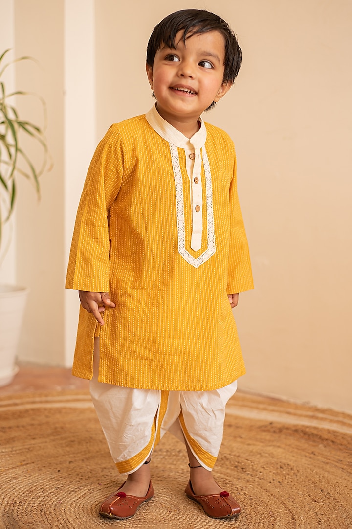 White Cotton Dhoti Set For Boys by PLUMCHEEKS