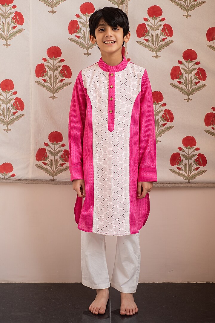 Pink Cotton Kurta Set For Boys by PLUMCHEEKS