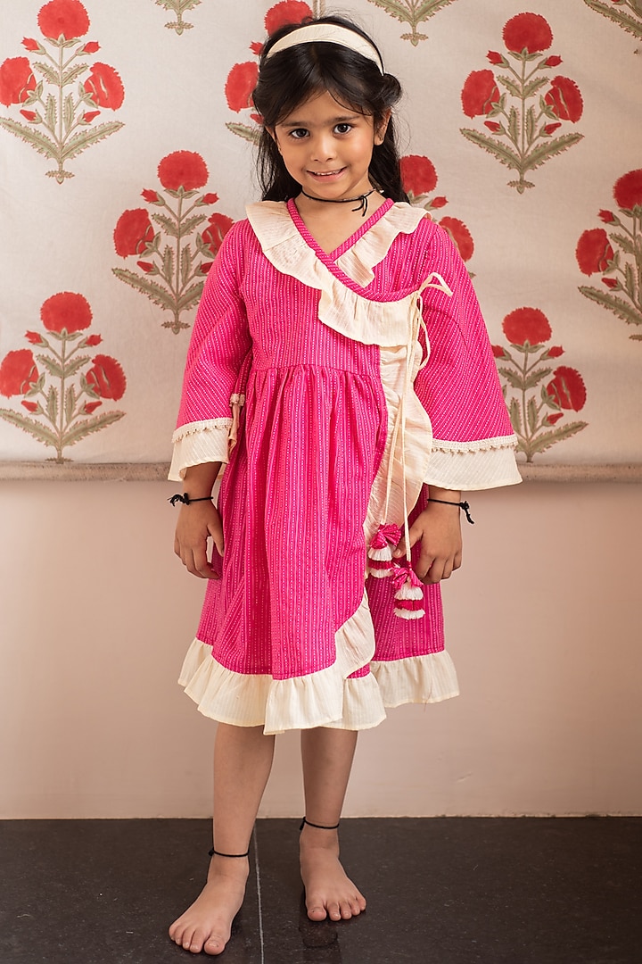 Pink & Off-White Cotton Ruffled Dress For Girls by PLUMCHEEKS at Pernia's Pop Up Shop