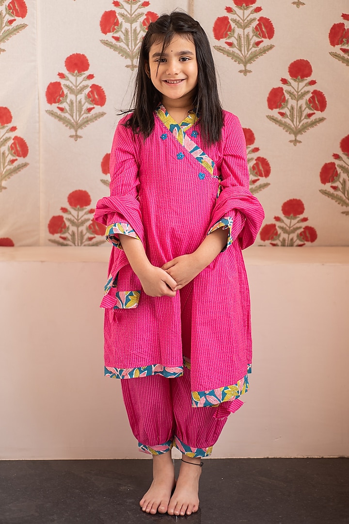 Pink Cotton Floral Embroidered Wrap Kurta Set For Girls by PLUMCHEEKS