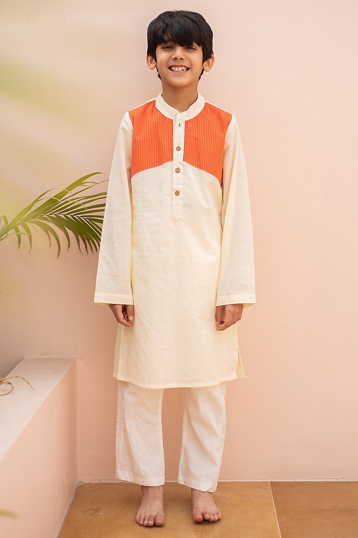 Orange & White Cotton Kurta Set For Boys by PLUMCHEEKS