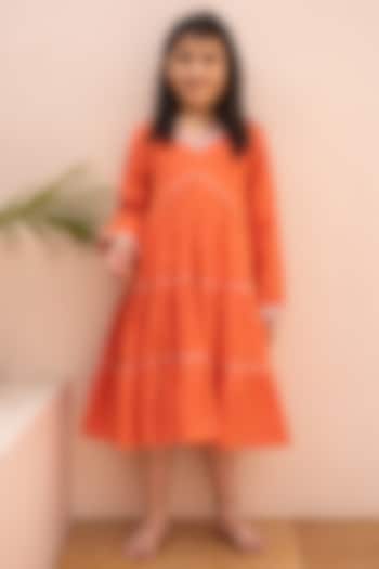 Orange Cotton Tiered Dress For Girls by PLUMCHEEKS