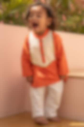 Orange Cotton Kurta Set For Boys by PLUMCHEEKS