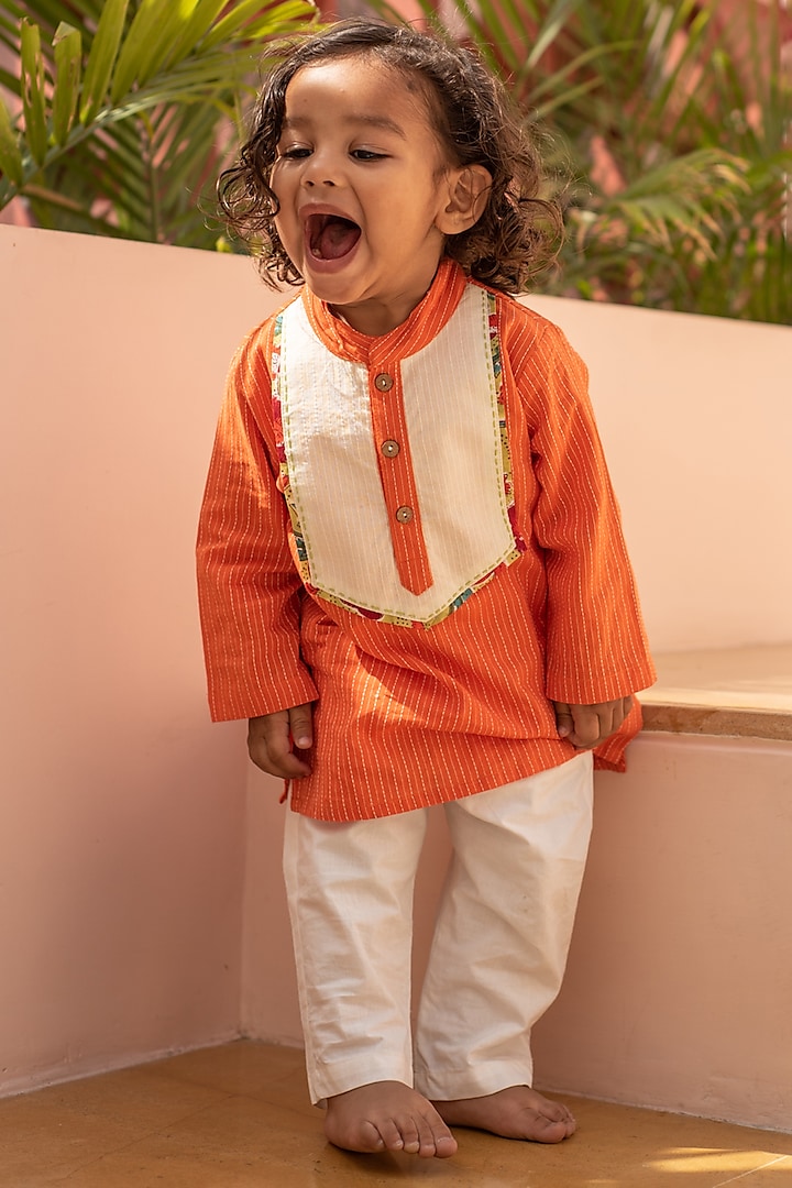 Orange Cotton Kurta Set For Boys by PLUMCHEEKS