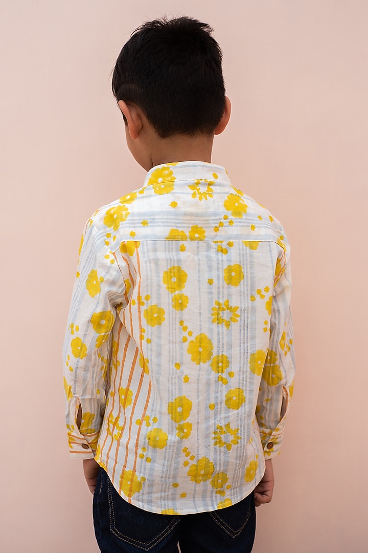 White & Yellow Cotton Hand Block Printed Shirt For Boys by PLUMCHEEKS at Pernia's Pop Up Shop
