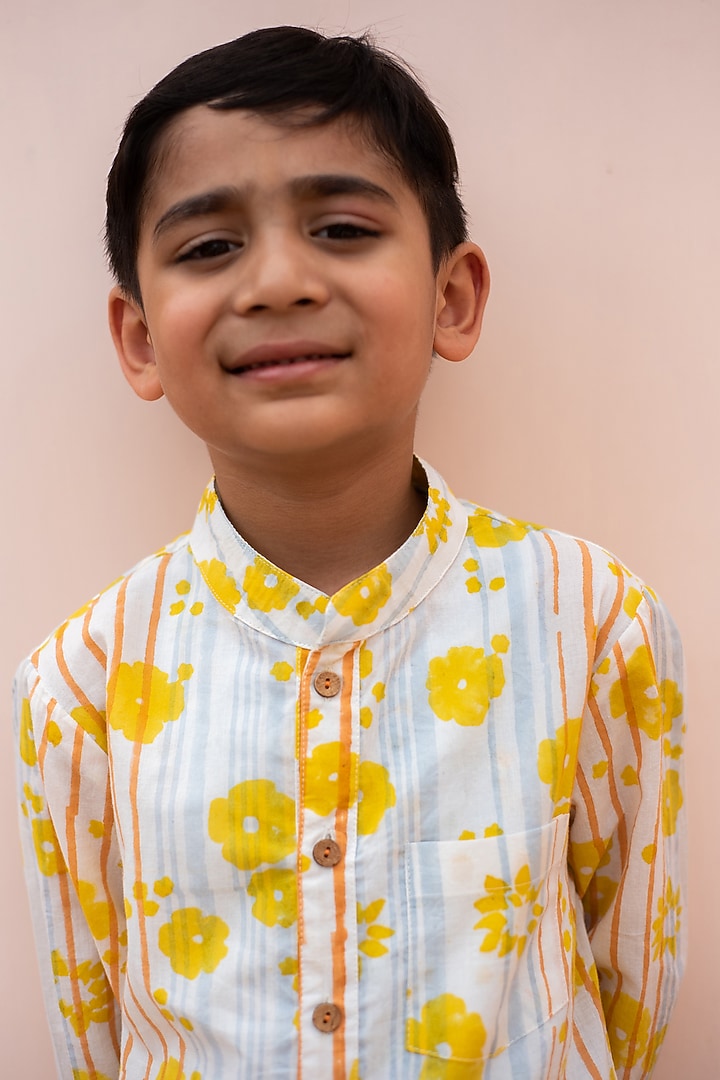 White & Yellow Cotton Hand Block Printed Shirt For Boys by PLUMCHEEKS at Pernia's Pop Up Shop