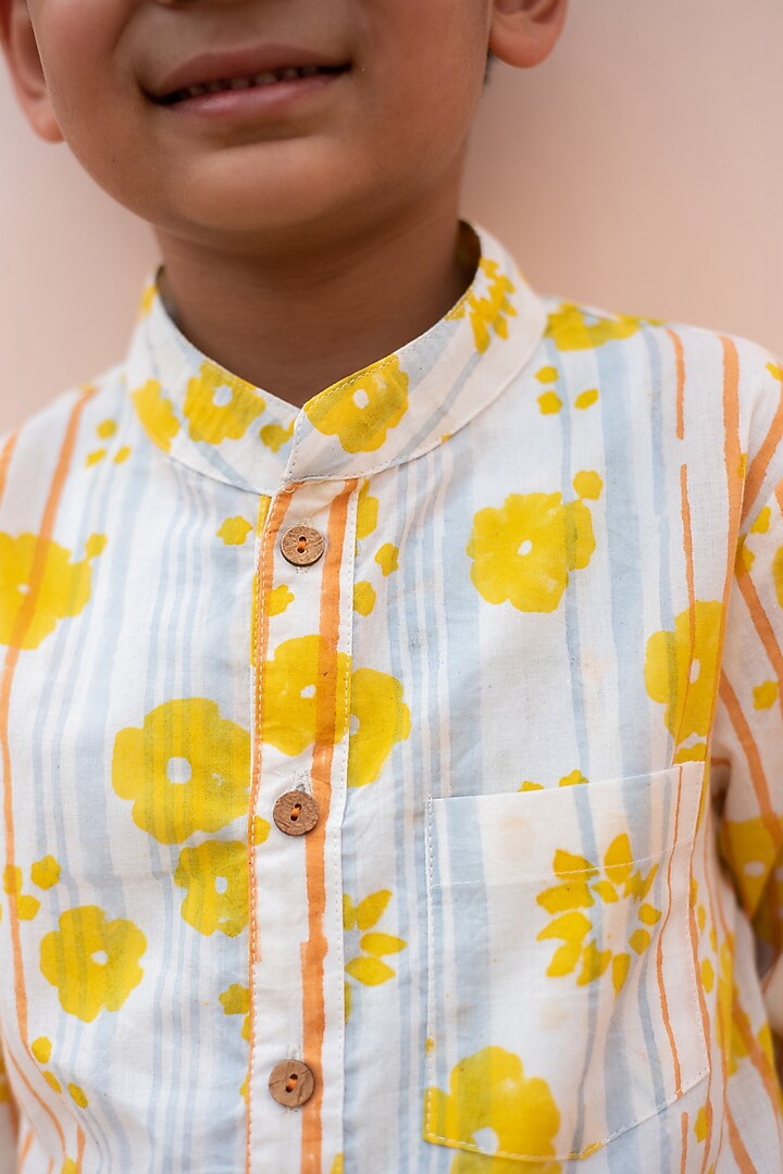 White & Yellow Cotton Hand Block Printed Shirt For Boys by PLUMCHEEKS at Pernia's Pop Up Shop