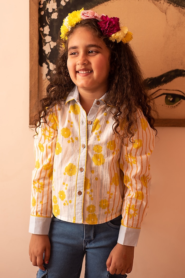 Multi-Colored Cotton Beads Embroidered & Hand Block Printed Shirt For Girls by PLUMCHEEKS at Pernia's Pop Up Shop