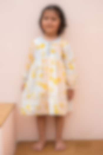 White & Yellow Cotton Hand Block Printed Dress For Girls by PLUMCHEEKS at Pernia's Pop Up Shop