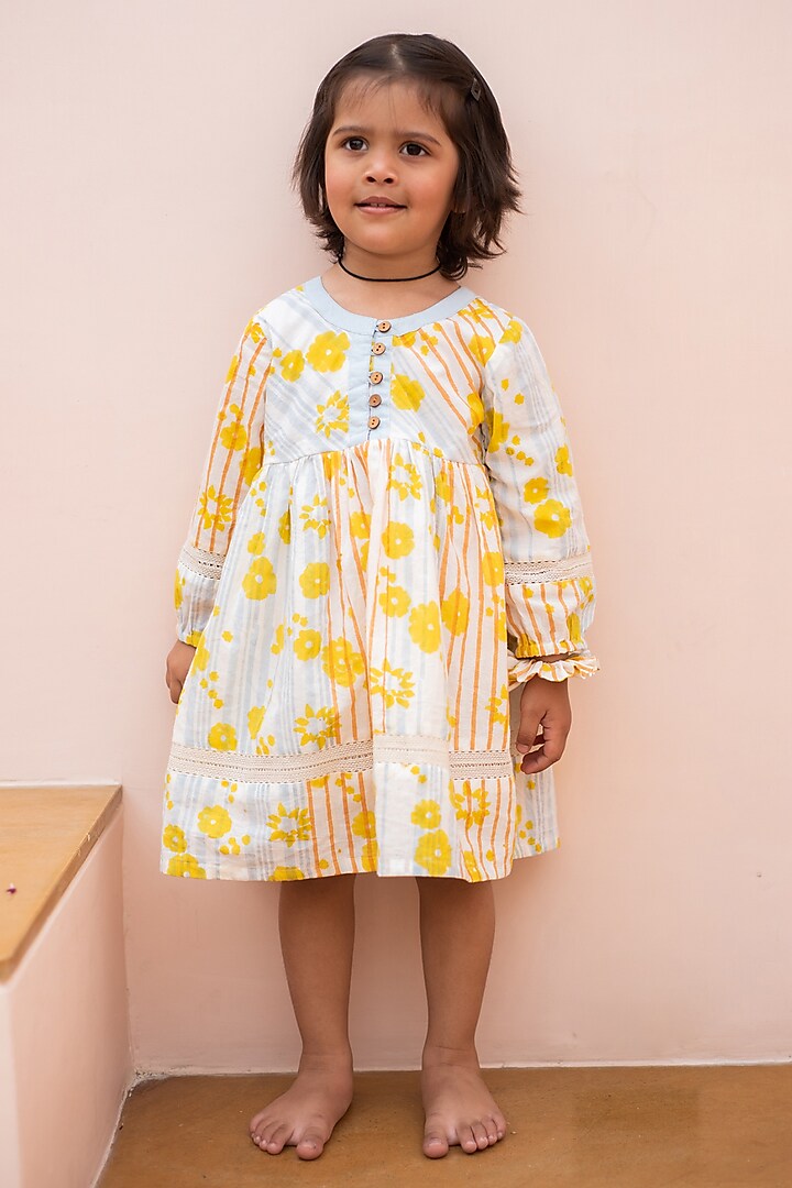 White & Yellow Cotton Hand Block Printed Dress For Girls by PLUMCHEEKS at Pernia's Pop Up Shop