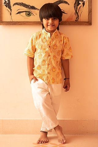 Yellow & Red Cotton Stripe Hand Block Printed Shirt For Boys by PLUMCHEEKS