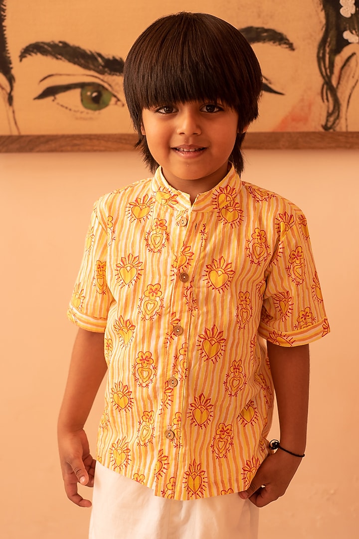 Yellow & Red Cotton Stripe Hand Block Printed Shirt For Boys by PLUMCHEEKS at Pernia's Pop Up Shop
