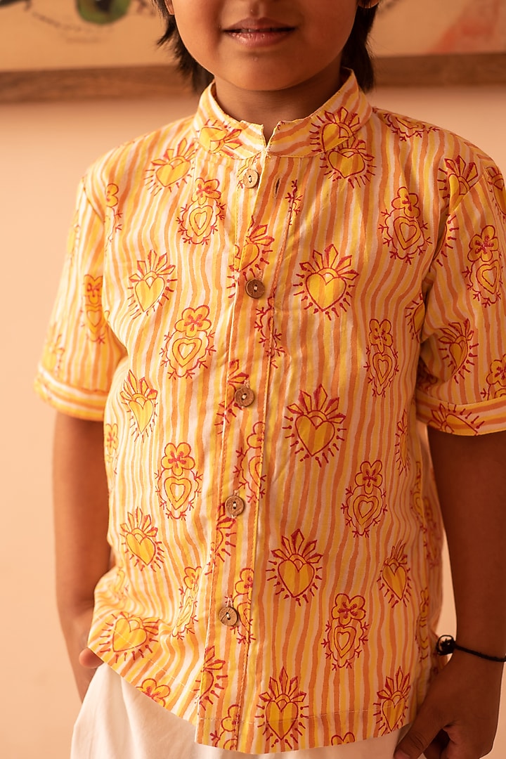 Yellow & Red Cotton Stripe Hand Block Printed Shirt For Boys by PLUMCHEEKS at Pernia's Pop Up Shop