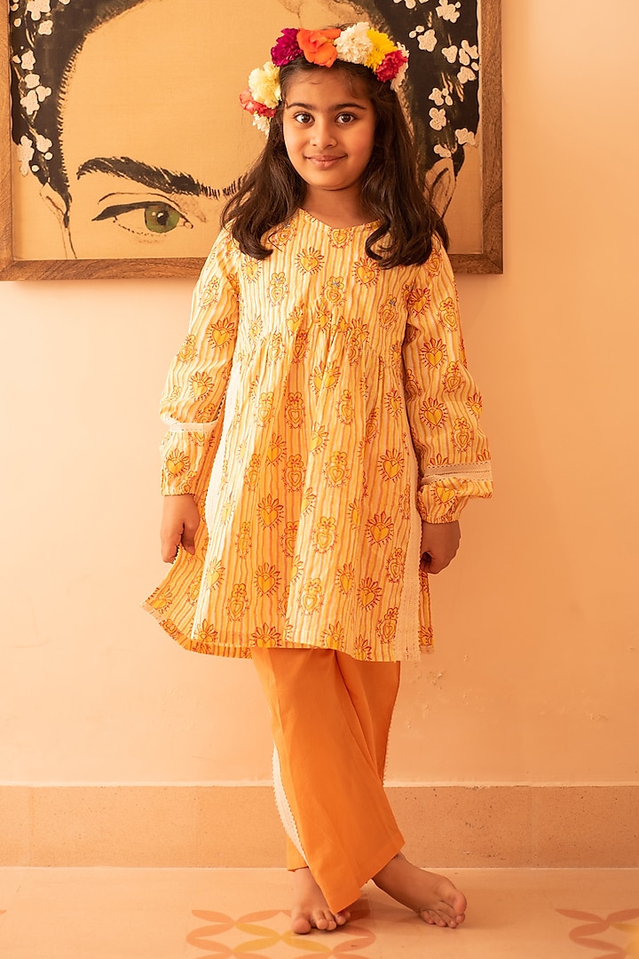 Yellow & Orange Cotton Hand Block Printed Co-Ord Set For Girls by PLUMCHEEKS at Pernia's Pop Up Shop