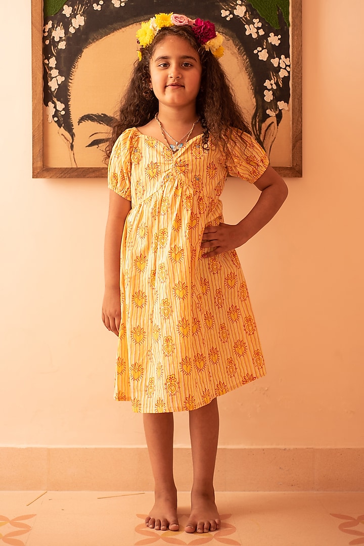 Yellow & Red Cotton Hand Block Printed Dress For Girls by PLUMCHEEKS at Pernia's Pop Up Shop