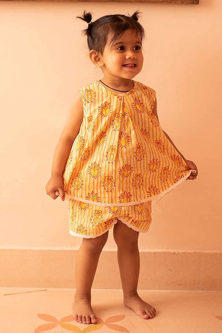 Yellow & Red Cotton Hand Block Printed Co-Ord Set For Girls by PLUMCHEEKS at Pernia's Pop Up Shop