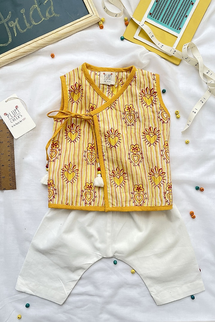 Yellow & Red Cotton Floral Printed Angrakha Kurta Set For Boys by PLUMCHEEKS at Pernia's Pop Up Shop