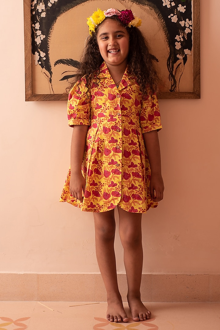 Yellow & Red Cotton Hand Block Printed Shirt Dress For Girls by PLUMCHEEKS at Pernia's Pop Up Shop