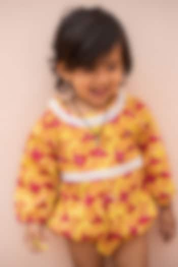 Yellow & Red Cotton Hand Block Printed Rompers For Girls by PLUMCHEEKS at Pernia's Pop Up Shop