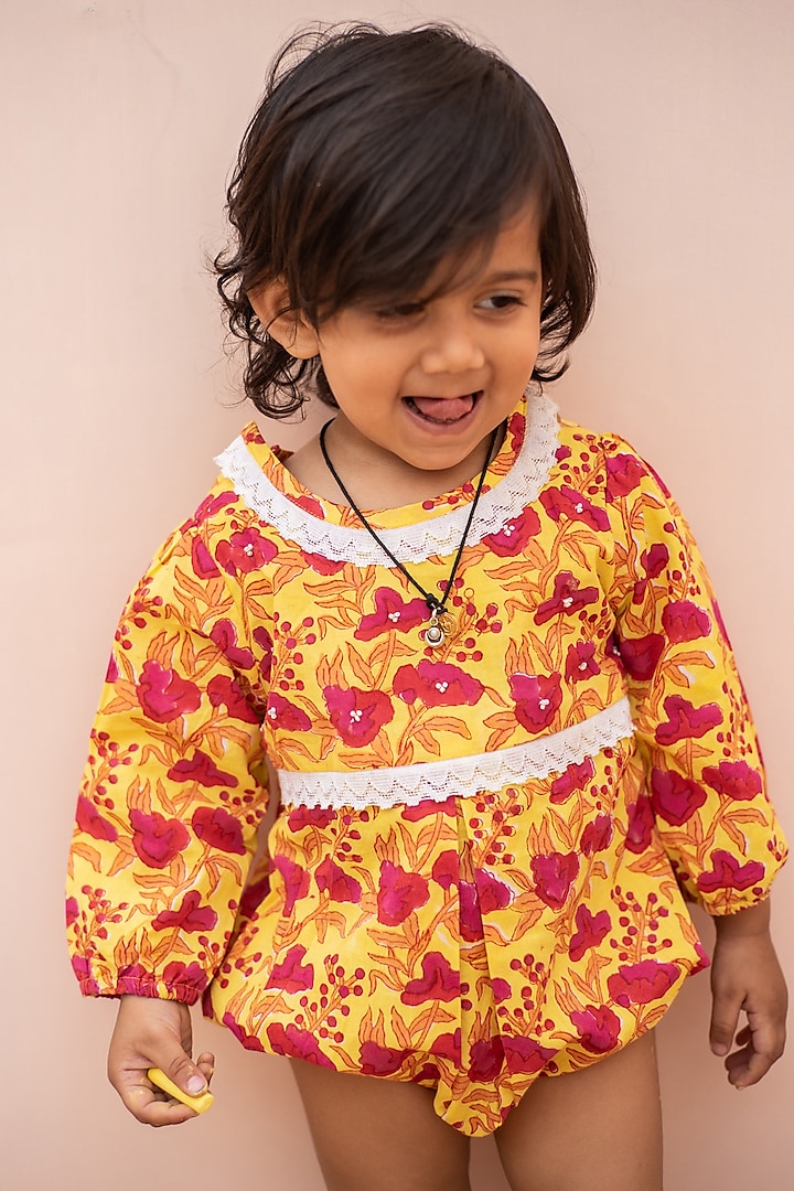 Yellow & Red Cotton Hand Block Printed Rompers For Girls by PLUMCHEEKS at Pernia's Pop Up Shop